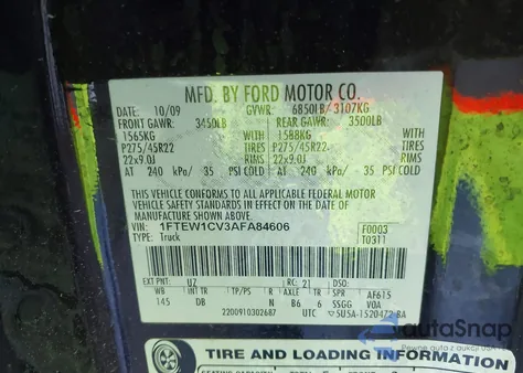 2010 Ford F-150 Fx2 Sport/Harley-Davidson/King Ranch/Lariat/Platinum/Xl/Xlt z USA, uszkodzony, nr VIN 1FTEW1CV3AFA84606